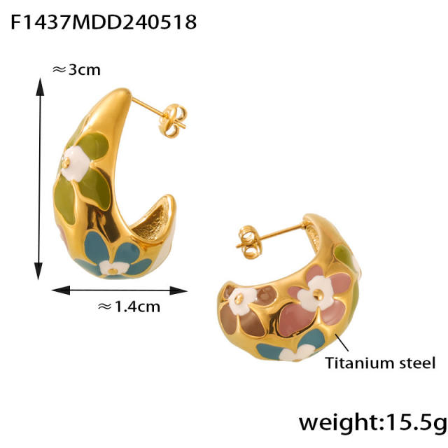 Summer color enamel flower chunky drop stainless steel earrings