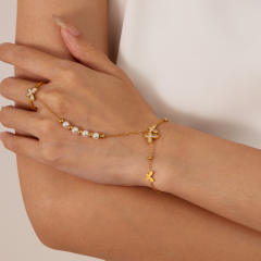 Eleagnt buttefly pearl beaded stainless steel ring bracelet
