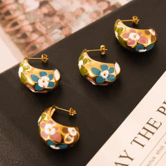 Summer color enamel flower chunky drop stainless steel earrings