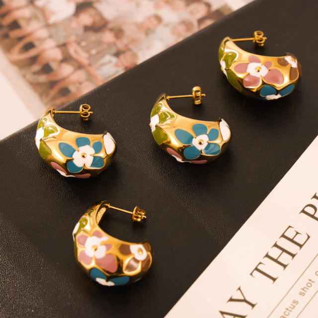 Summer color enamel flower chunky drop stainless steel earrings