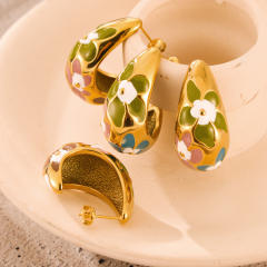 Summer color enamel flower chunky drop stainless steel earrings