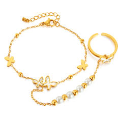 Eleagnt buttefly pearl beaded stainless steel ring bracelet