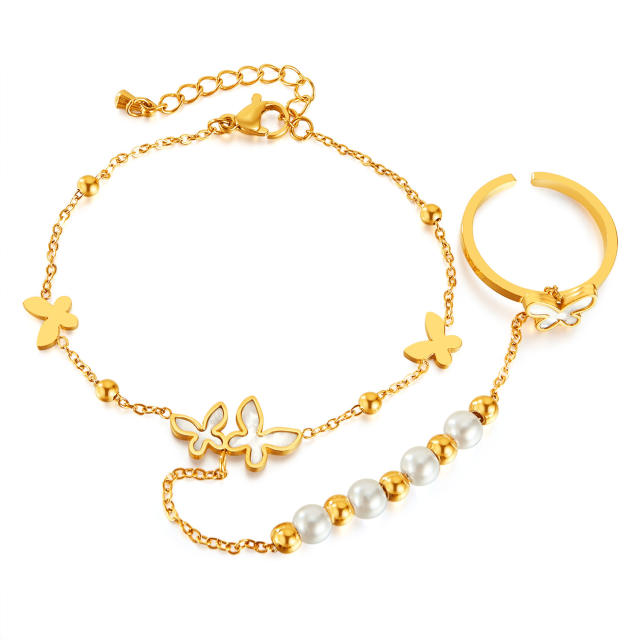 Eleagnt buttefly pearl beaded stainless steel ring bracelet