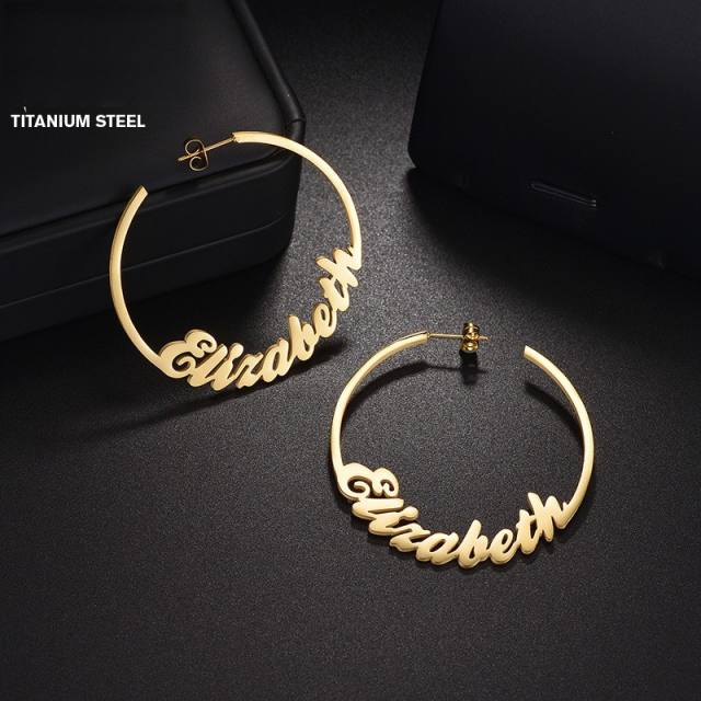 Concise custom name big hoop stainless steel earrings