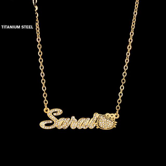 Personality diamond custom name kitty cat stainless steel necklace