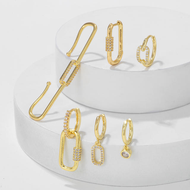 Creative easy match geometric paperclip gold plated copper huggie earrings set