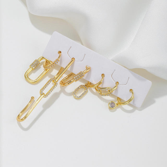 Creative easy match geometric paperclip gold plated copper huggie earrings set