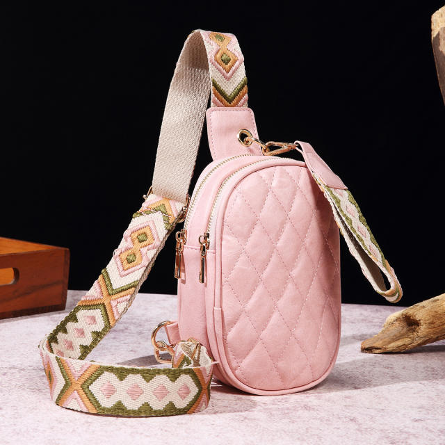 Boho plaid pattern PU leather women sling bag