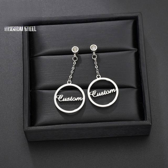 Custome name big circle rhinestone stainless steel earrings