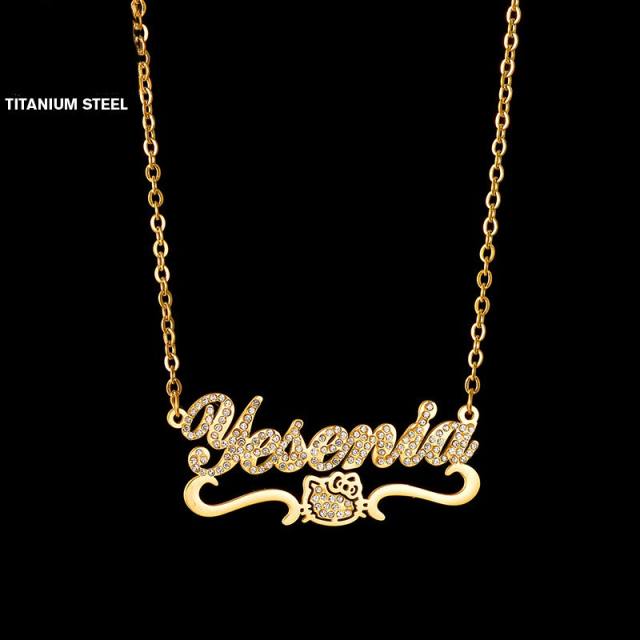 Personality diamond custom name kitty cat stainless steel necklace