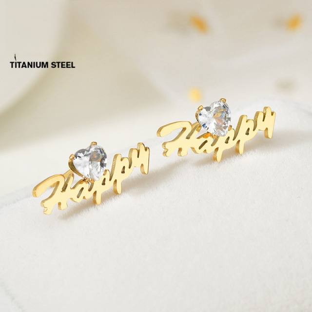 Elegant heart cubic zircon custom name stainless steel earrings
