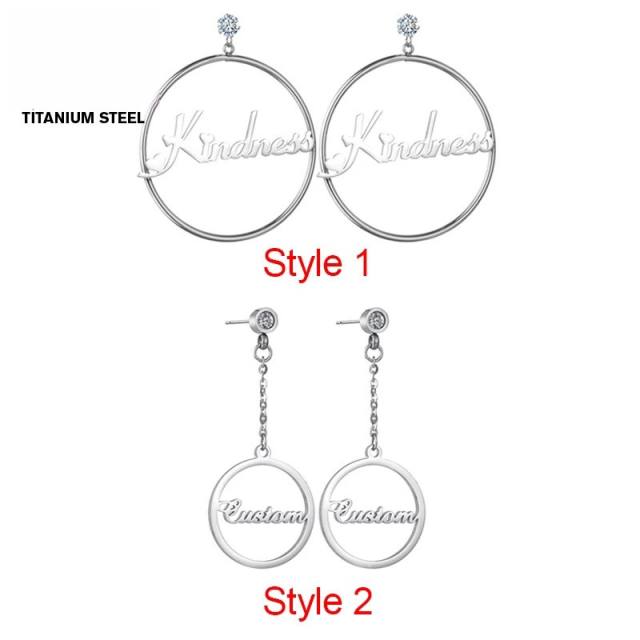 Custome name big circle rhinestone stainless steel earrings