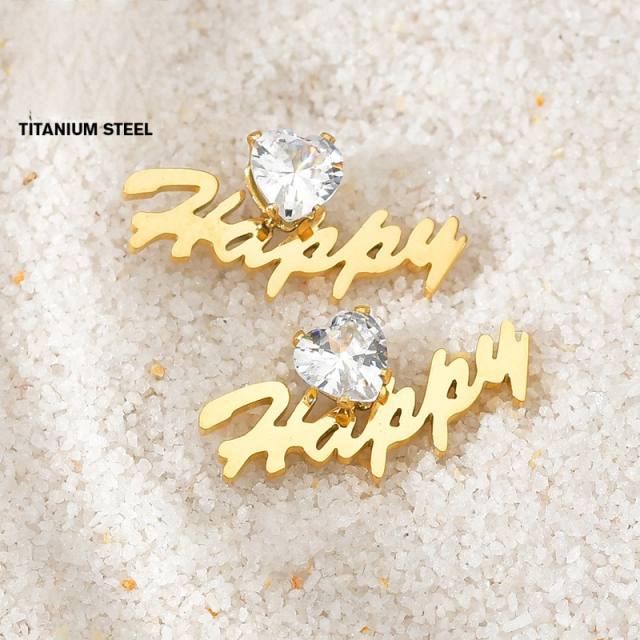 Elegant heart cubic zircon custom name stainless steel earrings