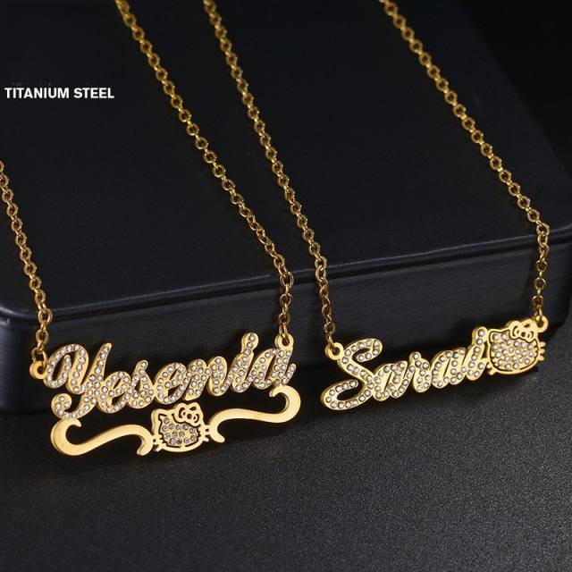 Personality diamond custom name kitty cat stainless steel necklace