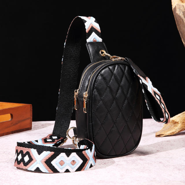 Boho plaid pattern PU leather women sling bag