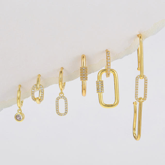 Creative easy match geometric paperclip gold plated copper huggie earrings set