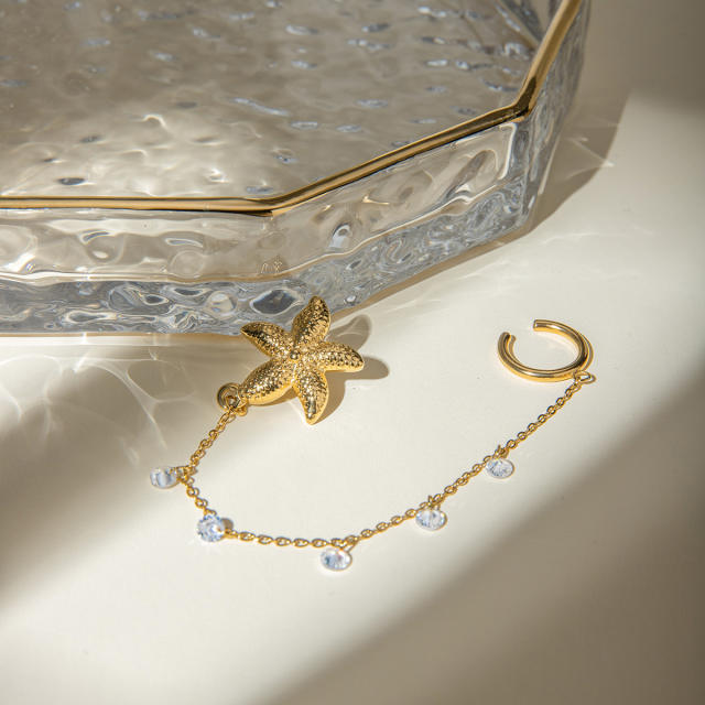 18KG stainless steel starfish pearl chain ear cuff earrings