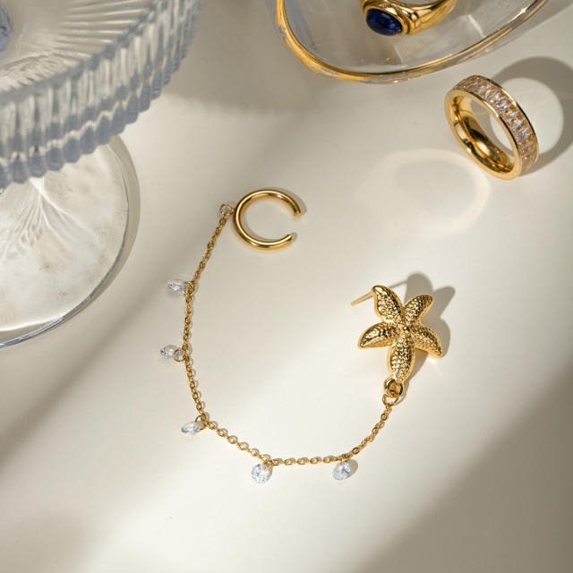 18KG stainless steel starfish pearl chain ear cuff earrings