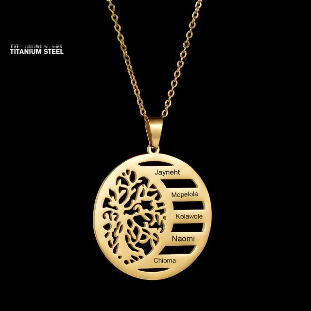 Personality round shape life tree engrave letter stainless steel necklace
