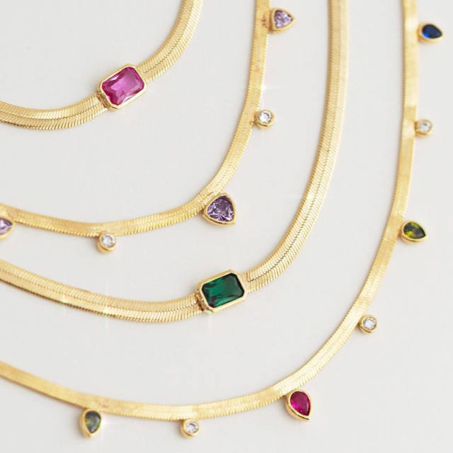 Chic real gold plated copper snake chain colorful cubic zircon choker necklace