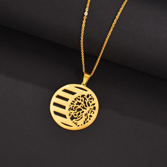 Personality round shape life tree engrave letter stainless steel necklace