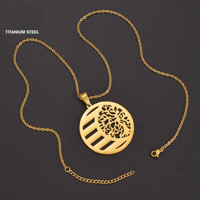 Personality round shape life tree engrave letter stainless steel necklace