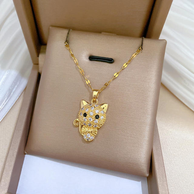 Sweet diamond bow cat pendant stainless steel chain necklace