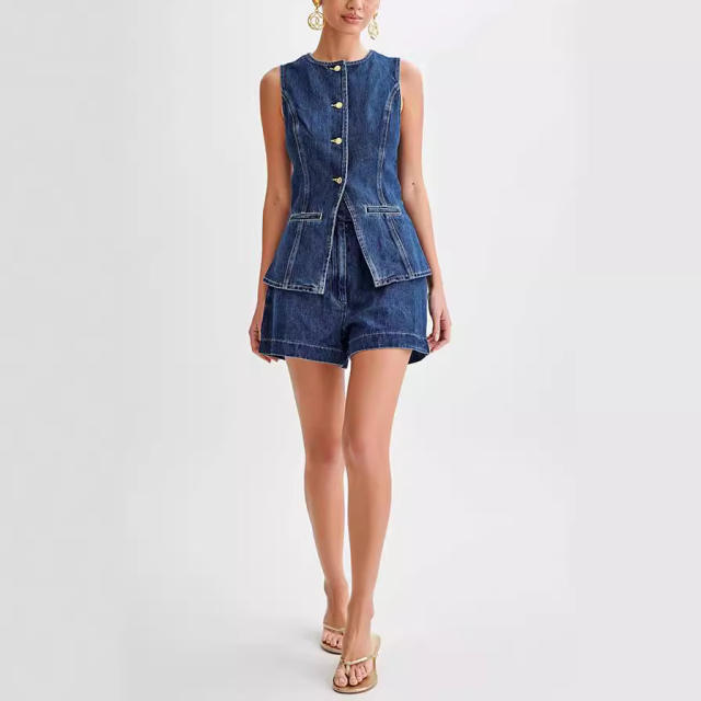 Summer design denim sleevess tops shorts set
