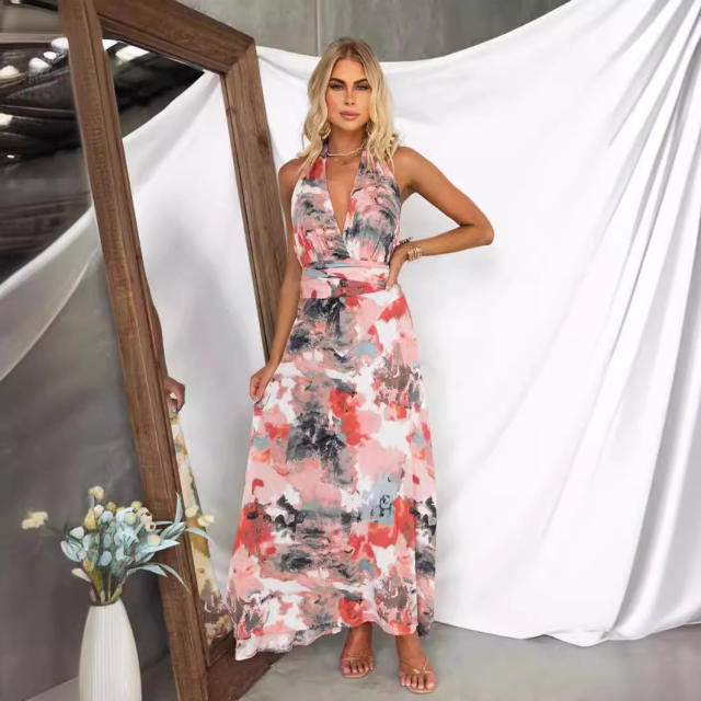 Summer tie dry flower halter neck maxi dress holiday dress