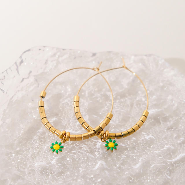 Boho daisy flower bead big hoop stainless steel earrings