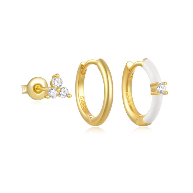 925 sterling silver white enamel huggie earring set