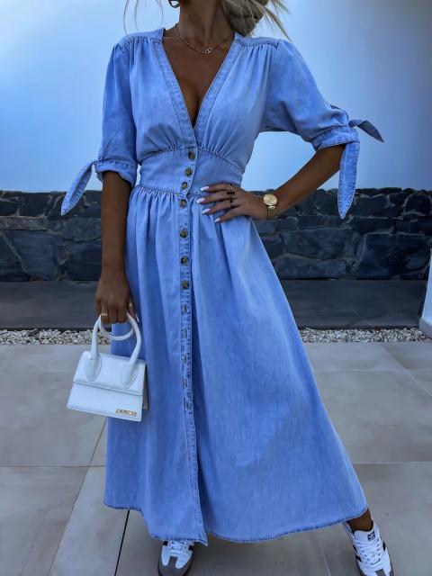 Holiday design blue color denim button maxi dress shirt dress