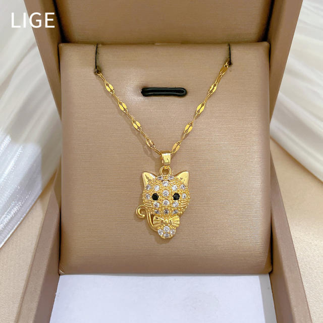 Sweet diamond bow cat pendant stainless steel chain necklace