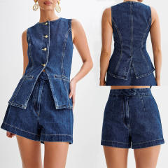 Summer design denim sleevess tops shorts set