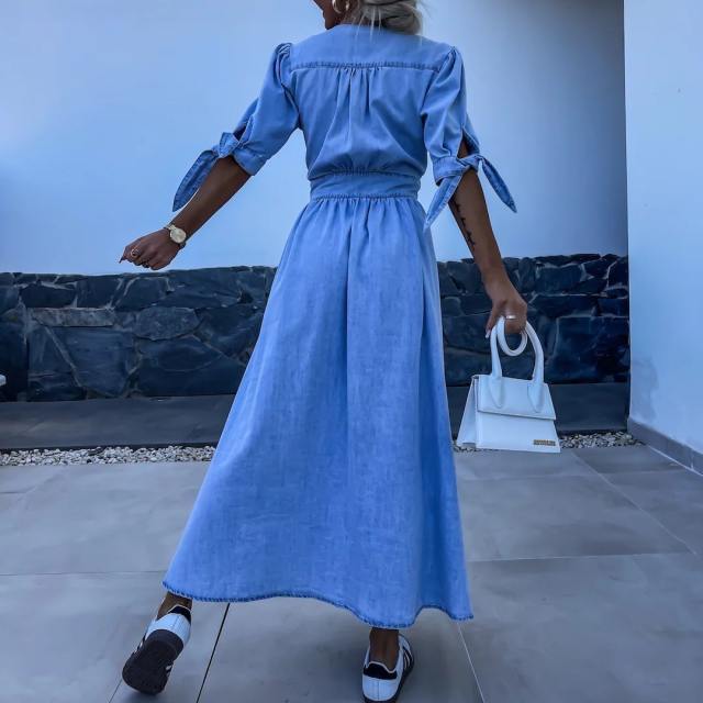 Holiday design blue color denim button maxi dress shirt dress