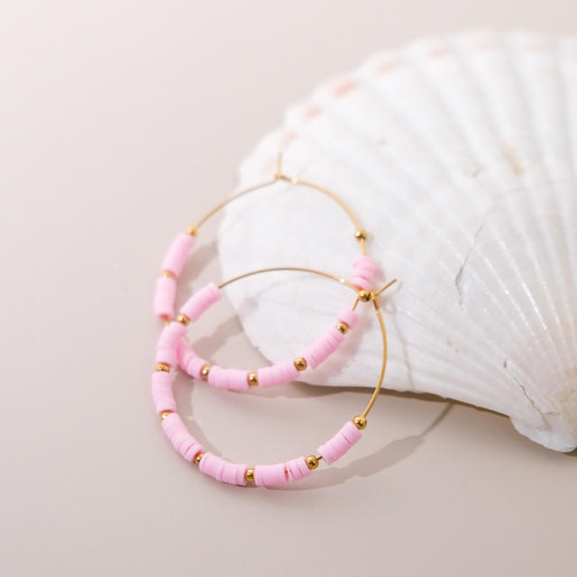 Summer boho clay bead big hoop stainless steel earrings