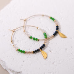 Boho green bead big hoop stainless steel earrings