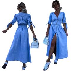 Holiday design blue color denim button maxi dress shirt dress