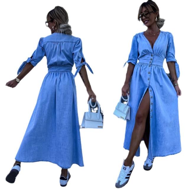 Holiday design blue color denim button maxi dress shirt dress