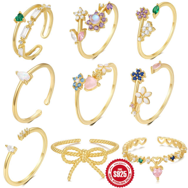 925 sterling silver cubic zircon flower adjustable finger rings
