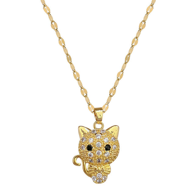 Sweet diamond bow cat pendant stainless steel chain necklace
