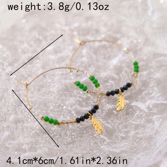 Boho green bead big hoop stainless steel earrings