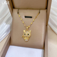 Sweet diamond bow cat pendant stainless steel chain necklace