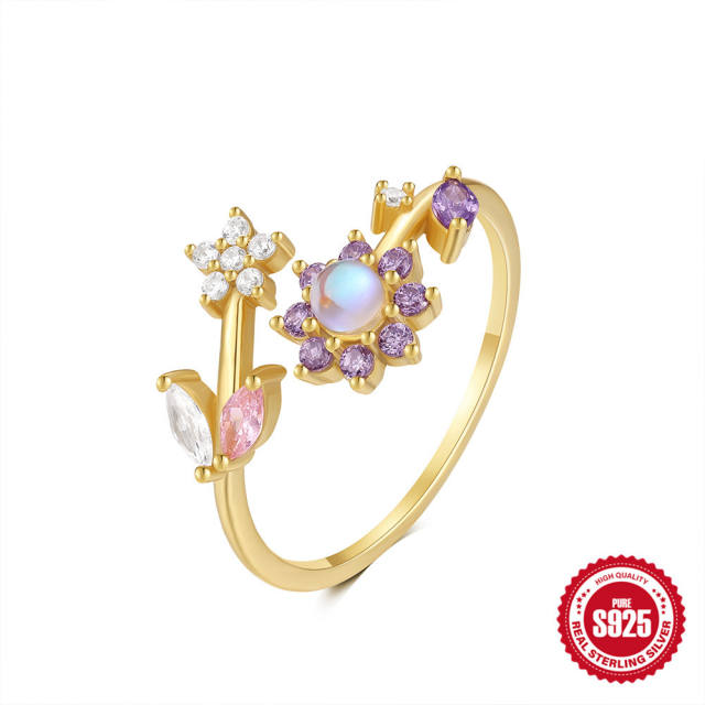 925 sterling silver cubic zircon flower adjustable finger rings