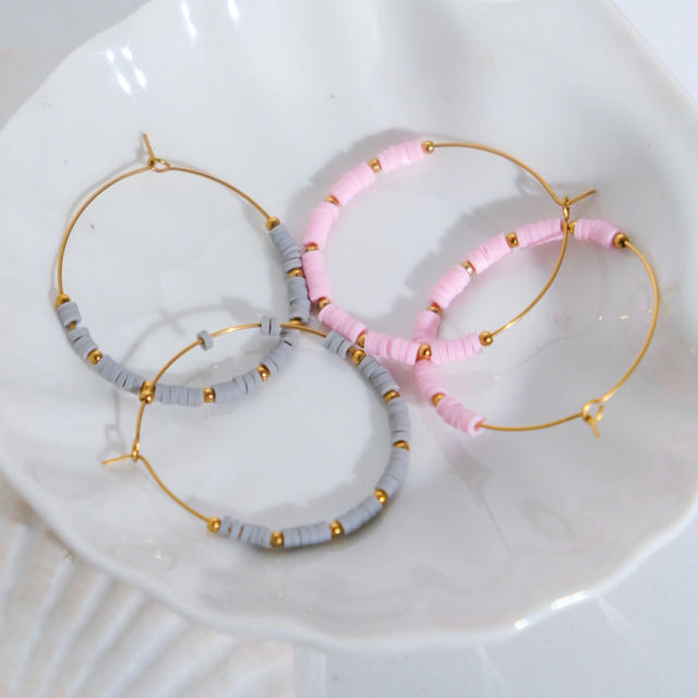 Summer boho clay bead big hoop stainless steel earrings