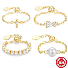 925 sterling silver diamond pearl adjustable finger rings
