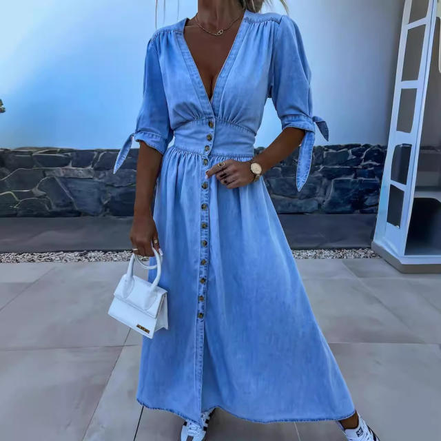 Holiday design blue color denim button maxi dress shirt dress