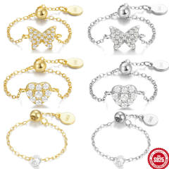925 sterling silver diamond heart butterfly adjustable rings
