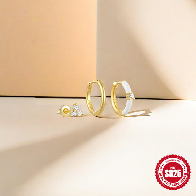 925 sterling silver white enamel huggie earring set