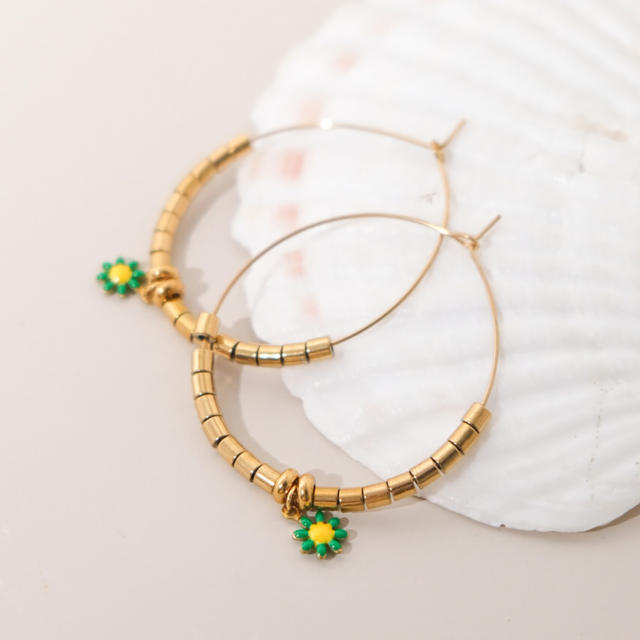 Boho daisy flower bead big hoop stainless steel earrings